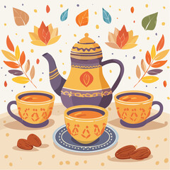 Illustrated teapot and cups decorated with leaves and flowers on a table