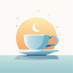 Illustrated cup and saucer with moon and stars in a calm environment