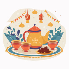 Illustrated teapot with cups and dates on a decorative plate in a festive setting