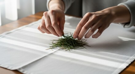 Close-up of person's hands arranging green herbs on white paper on a wooden table.