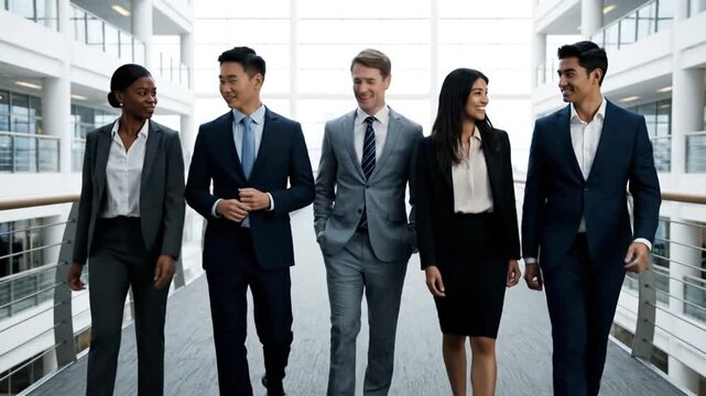 Diverse Business Team Walking Confidently in Modern Office Hallway.