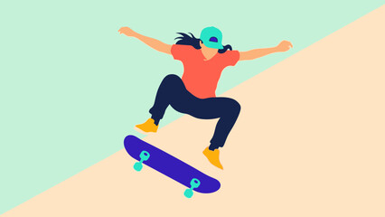 Young woman performing skateboarding trick on ramp. © Abhinaya Project