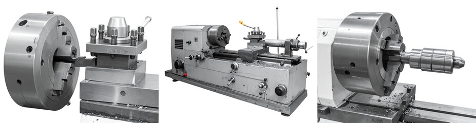 Fototapeta premium Metal Lathe And Industrial Machinery Showing Various Angles Against Transparent Background