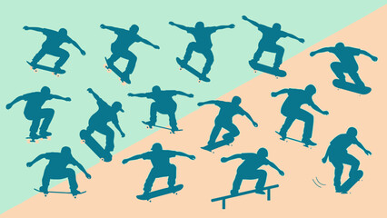 Multiple skateboarders performing tricks in various dynamic poses. © Abhinaya Project