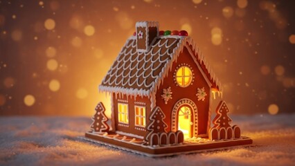 Naklejka premium A warmly lit gingerbread house sits in snow, surrounded by bokeh, evoking holiday cheer