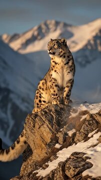 Snow Leopard Sits Majestic On Rocky Cliff Snowy Mountain Golden Hour Light