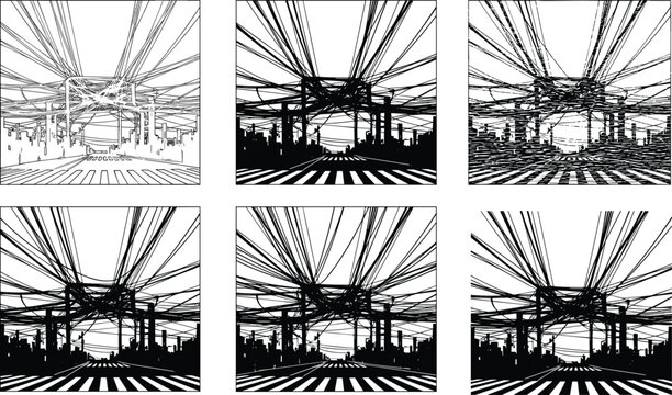 Abstract urban bridge perspective illustration, black and white city infrastructure lines, modern architecture design background, futuristic metropolitan transportation concept