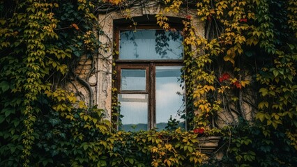 A weathered building's window framed by vibrant autumnal ivy. Reflecting the sky