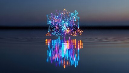 Abstract digital tree-like form glows above water, reflected with colorful light