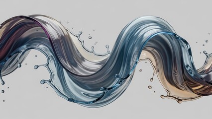 Abstract swirling wave of water in cool tones with splashes, against a grey backdrop