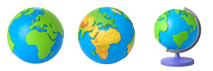 Three Dimensional Rendered Globes Displaying Continents And Oceans Against A Transparent Background