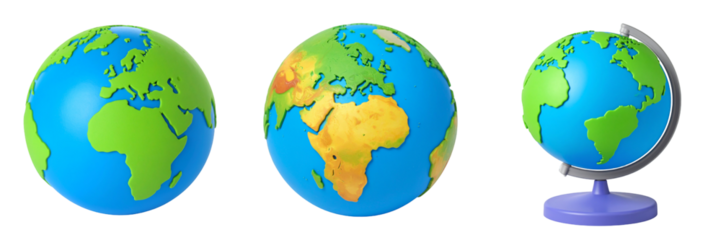 Three Dimensional Rendered Globes Displaying Continents And Oceans Against A Transparent Background