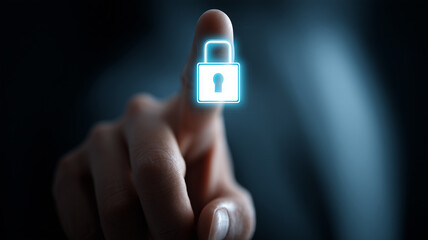 Finger pressing a digital lock icon symbolizing cybersecurity access protection and data privacy control.
