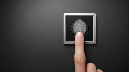 Finger pressing a fingerprint scanner representing biometric identification digital security and personal data protection.

