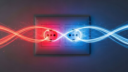 An electrical outlet with red and blue light trails between the sockets, dark background