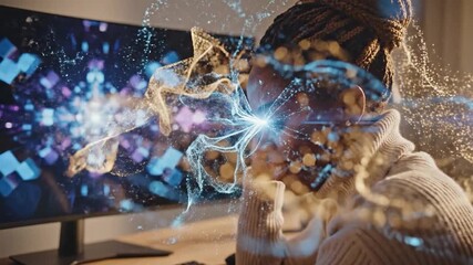 Woman using VR headset with futuristic digital interface on screen. - Powered by Adobe