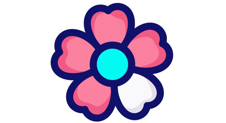 Stylized Pink Flower with Blue Center and Dark Blue Outline.