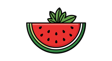 Illustration of a Watermelon Slice with Seeds and Green Leaves.