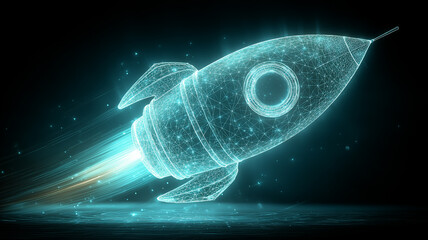 A wireframe rocket launching forward symbolizing startup growth, innovation momentum and technological acceleration.
