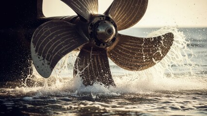 Close-up of a large ship's propeller churning water, creating a splash with golden sunlight