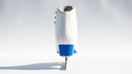 Close-up of a white ice skate on a white background, casting a long shadow