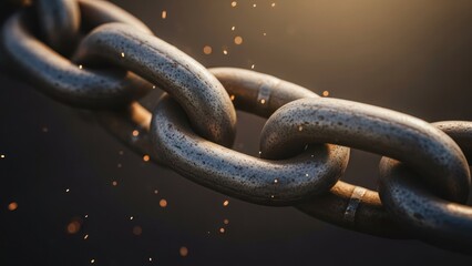 Close-up of a weathered metal chain with warm light and bokeh effects