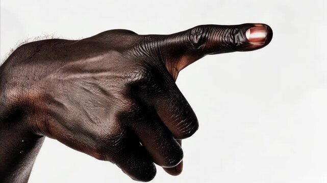 A human hand pointing forward with fingers fully extended. The skin appears textured and the hand is in focus against a blurred background.