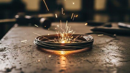 Fototapeta premium Close-up of welding sparks emanating from a coil of metal wire on a textured surface