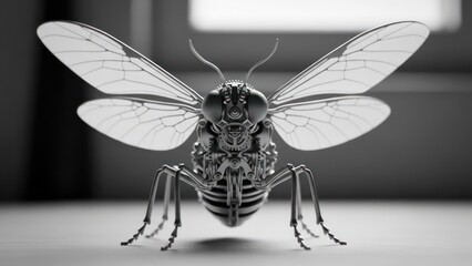 Detailed black and white close-up of a metallic, insect-like creature with transparent wings