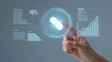 Interactive digital health data visualization with a hand touching a virtual pill.
