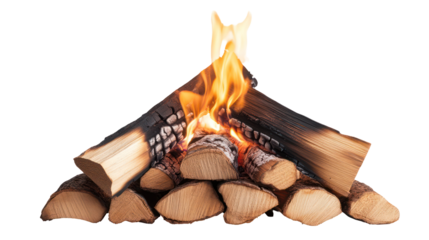 Campfire with burning logs and bright flames isolated on transparent background