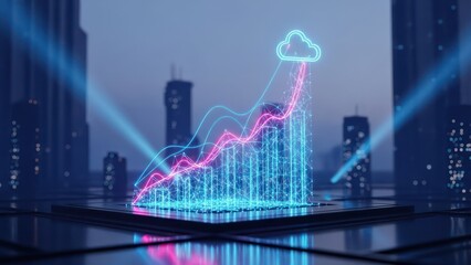Futuristic rendering of a digital city with glowing data visualization and a cloud icon