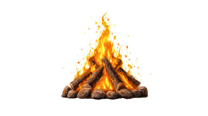 Campfire with burning logs and bright flames isolated on transparent background