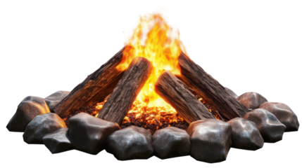Campfire with burning logs and bright flames isolated on transparent background