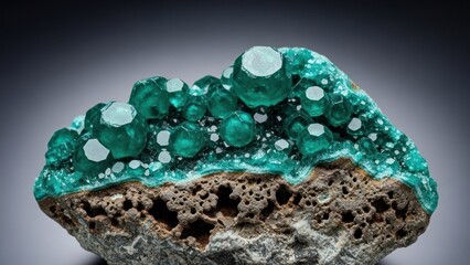 Fototapeta premium Gemmy, sparkling teal-green crystal clusters sit atop a rough, porous, earth-toned base
