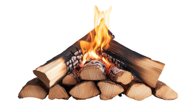 Campfire with burning logs and bright flames isolated on transparent background