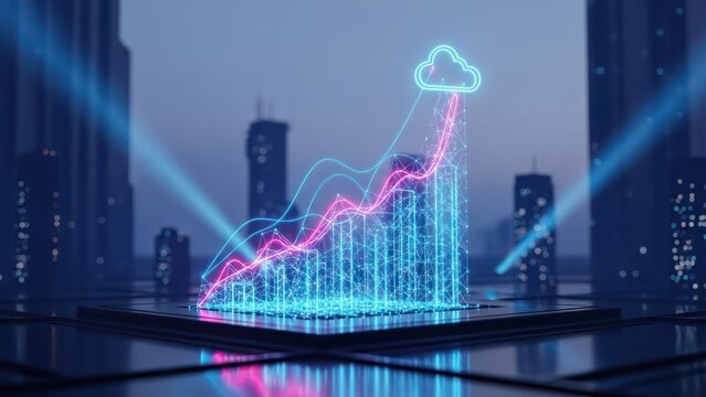 Futuristic rendering of a digital city with glowing data visualization and a cloud icon - Powered by Adobe