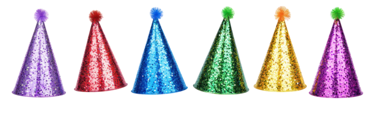 Colorful glitter party hats set isolated on transparent background