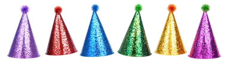 Colorful glitter party hats set isolated on transparent background