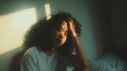 Fototapeta premium Asian woman in her late teens with curly black hair sitting on a bed, resting her head on her hand in a contemplative mood in a softly lit room