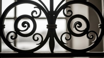 Intricate wrought iron scrollwork silhouetted against a softly lit window, creating a classic pattern