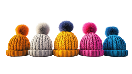 Colorful knitted winter hats collection 3D render isolated on transparent background