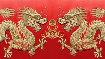 Intricate gold dragon relief against a vibrant red background, symbolizing power and fortune