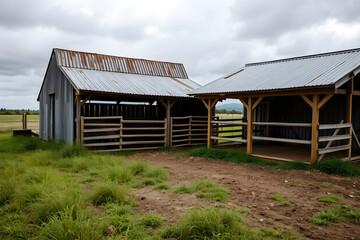 Rural farm sheds with rustic corrugated roofs