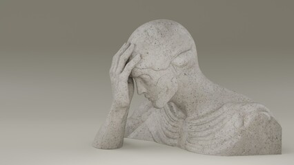 3d man holding head, symbolising headache and migraine, stress and anxiety, medical illustration