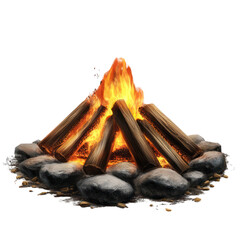 Cozy campfire with controlled flame and visible sparks isolated on transparent background