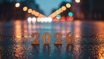 Numeric "2026" on wet street reflecting blurred city lights at dusk