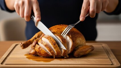 Person carving a golden roasted chicken on a wooden board with a knife and fork