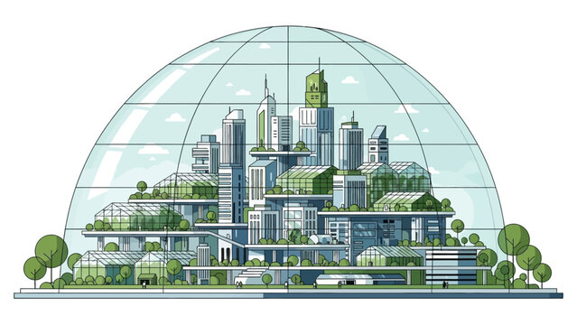Eco-City Under Dome: An innovative and sustainable eco-city flourishes beneath a protective glass dome, showcasing a harmonious blend of nature and advanced architecture.