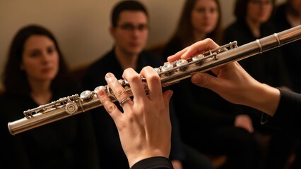 Close-up of hands playing a flute with musicians in the background
